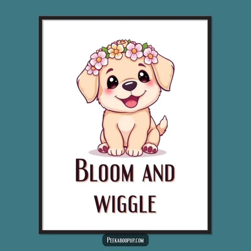 Funny Puppy Flower Crown Digital Art: Instant Joyful Wiggle Print