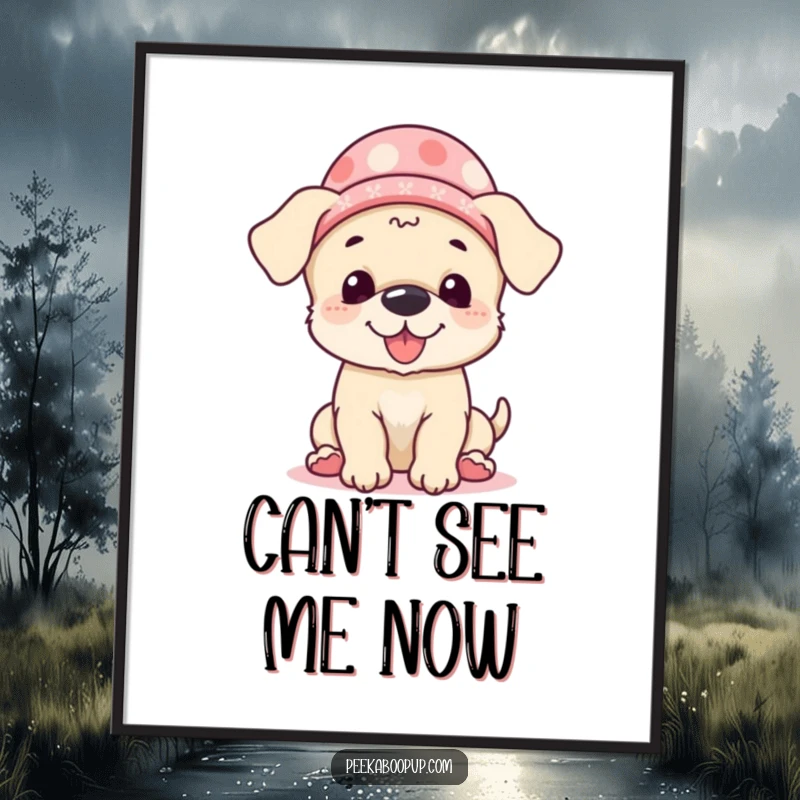 Funny Digital Art Print of a giggling puppy wearing a hat, playing peek-a-boo with an energetic and humorous expression, ready to download.