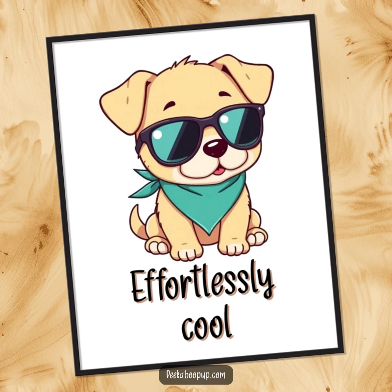 Funny digital art print of a puppy wearing sunglasses and a bandana, looking cool and relaxed, perfect for stylish wall decor.