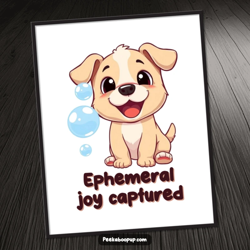 Funny digital art print of a cheerful puppy playfully trying to catch shimmering bubbles, full of joy.