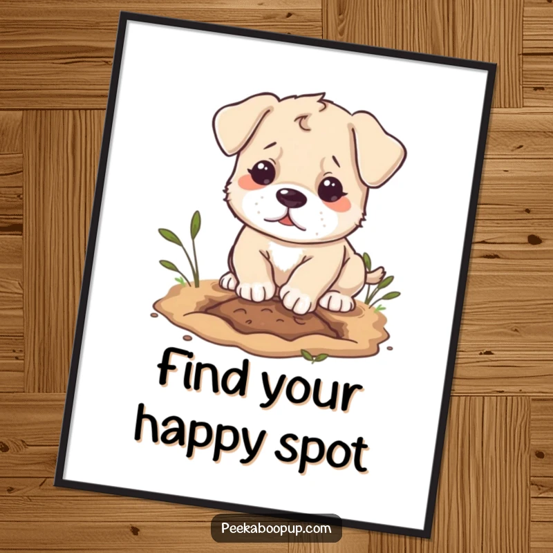 Funny puppy character digital art print, digging with determination, ready for instant download.