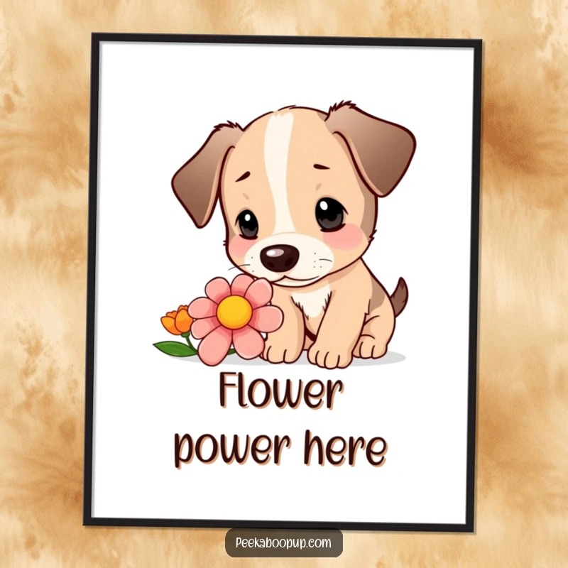 Funny digital art print of a cute puppy curiously sniffing a colorful flower with focused intrigue.