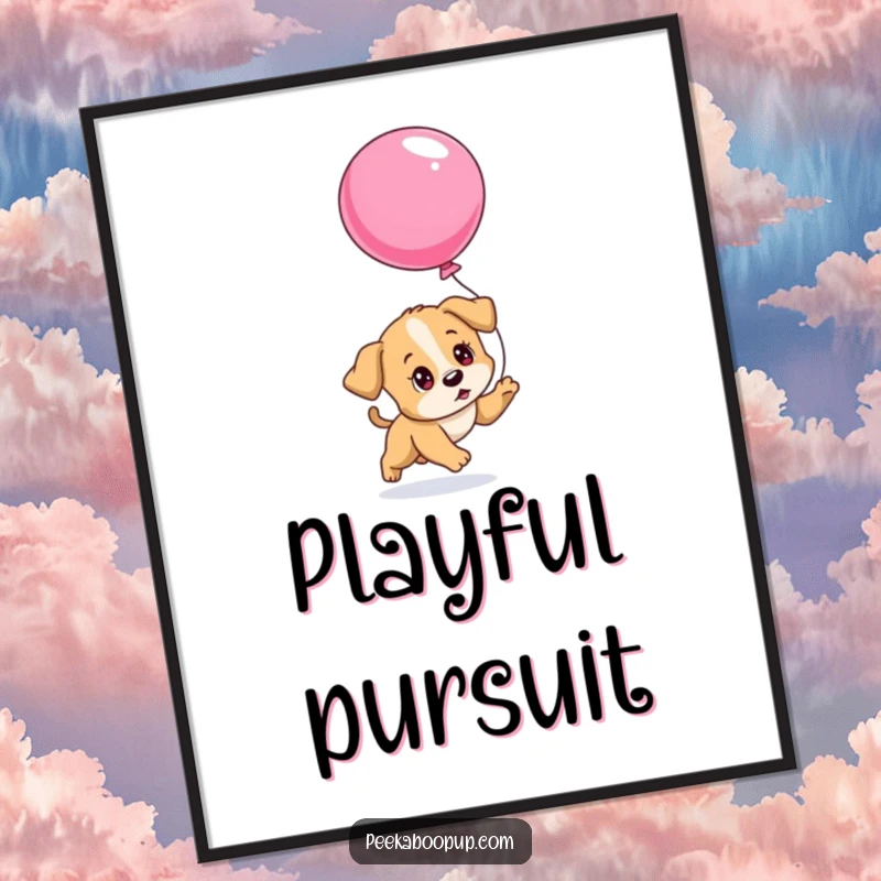 Funny digital art print of a determined puppy chasing a slowly deflating balloon, perfect for inspiring and humorous wall decor.