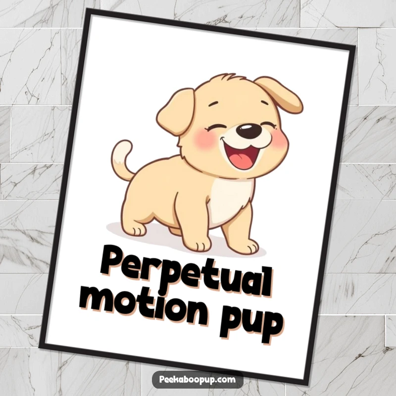 Funny giggling puppy caught in a tail-chasing loop, ready as a high-resolution digital art print.