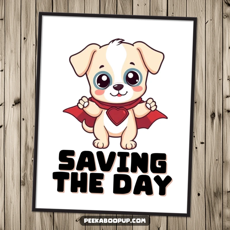 Funny Hero Puppy Digital Art Print: A brave puppy in a cape poses heroically, perfect for walls
