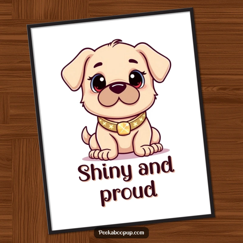 Funny digital art of a proud puppy wearing a sparkling collar and posing confidently, perfect for instant wall decor.