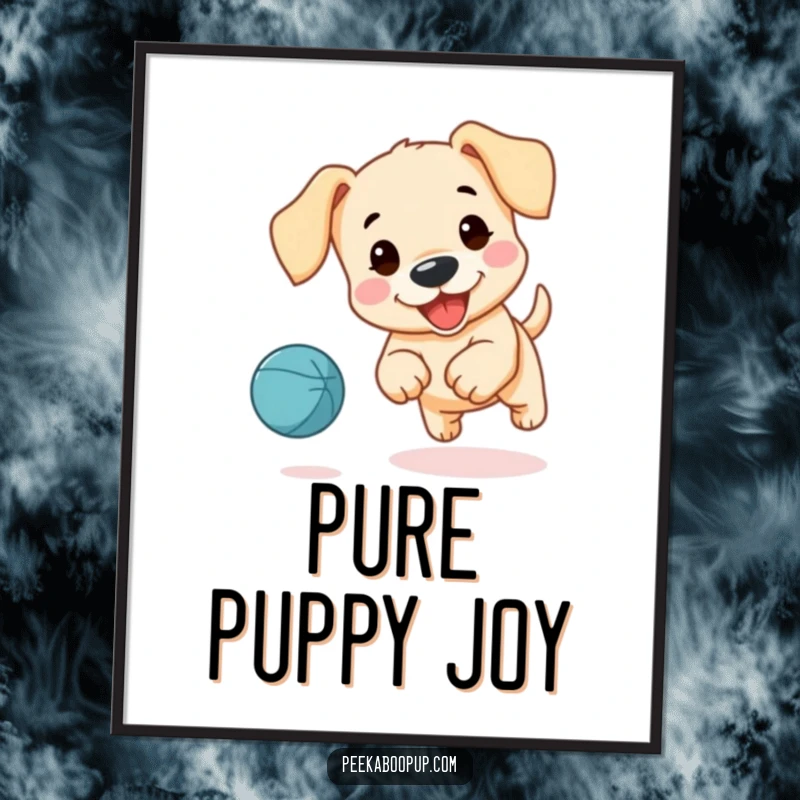 Funny digital art print of a cute puppy with floppy ears enthusiastically chasing a bouncing ball.