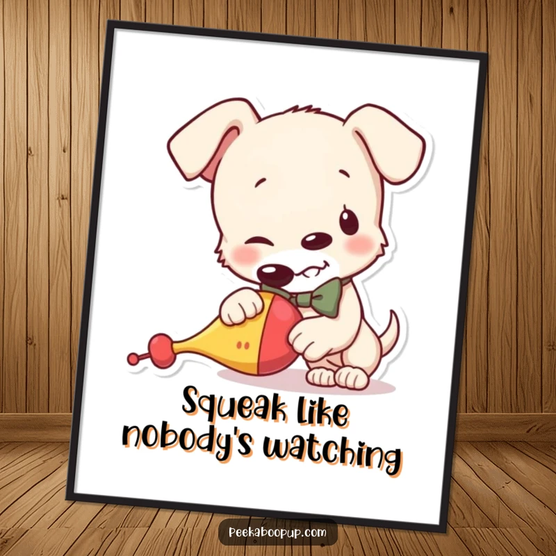 Funny digital art print of a mischievous puppy wearing a bowtie, enthusiastically squeaking a toy, perfect for instant humorous wall decor.