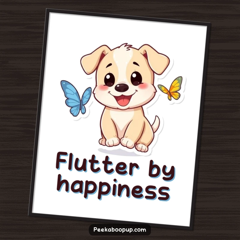 Funny puppy character digital art print, smiling and chasing a butterfly, ready for instant download.