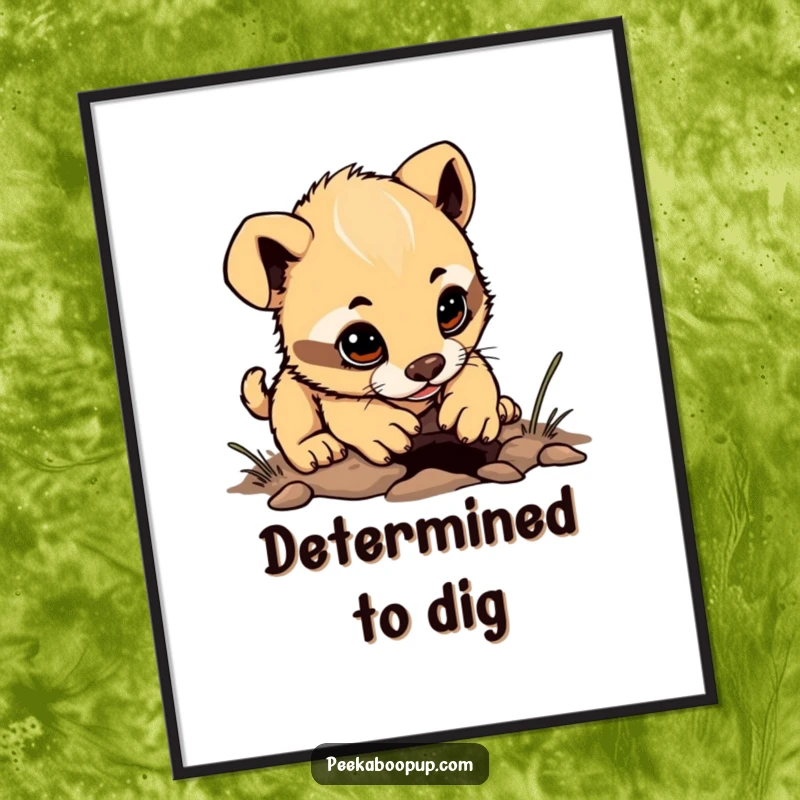 Funny puppy digging digital art print, determined character digging a tiny hole, printable wall decor, humorous and cute.