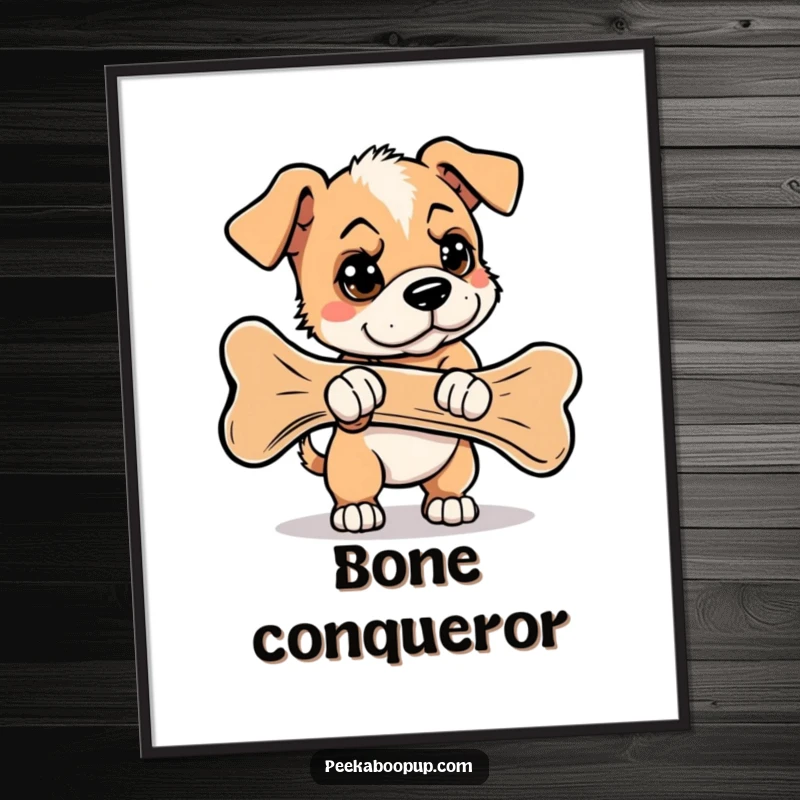 Funny digital art print of a determined puppy with intense focus, trying to carry a comically enormous bone.