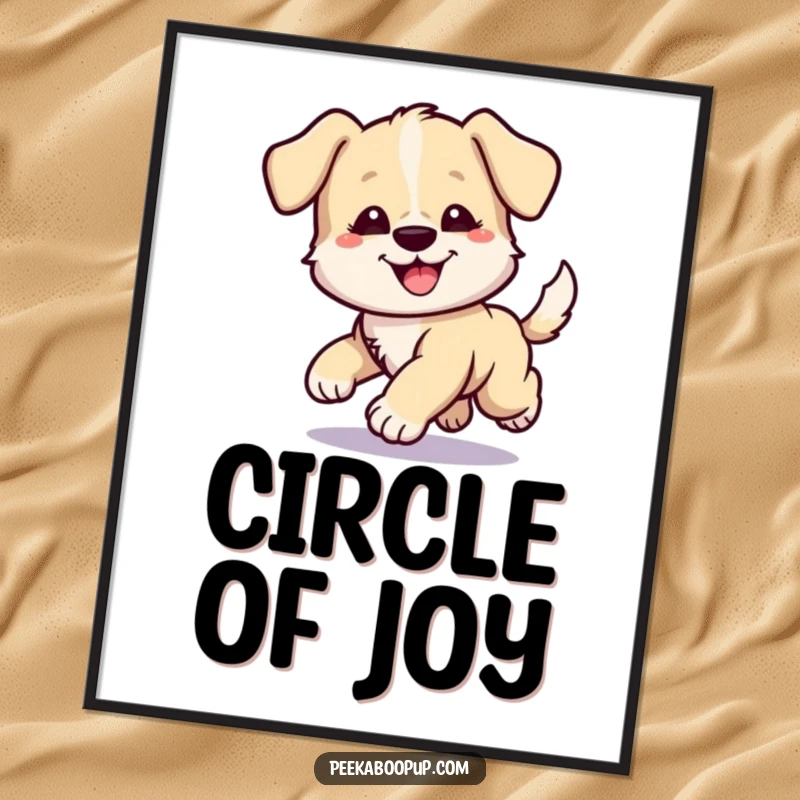 Funny digital art print of a puppy with a funny, earnest expression, caught in a comical whirlwind chasing its own tail.