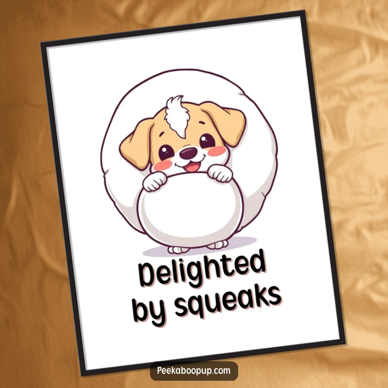 Funny puppy character peeking with delight from behind a giant squeaky toy, as a high-resolution digital art print for instant decor.