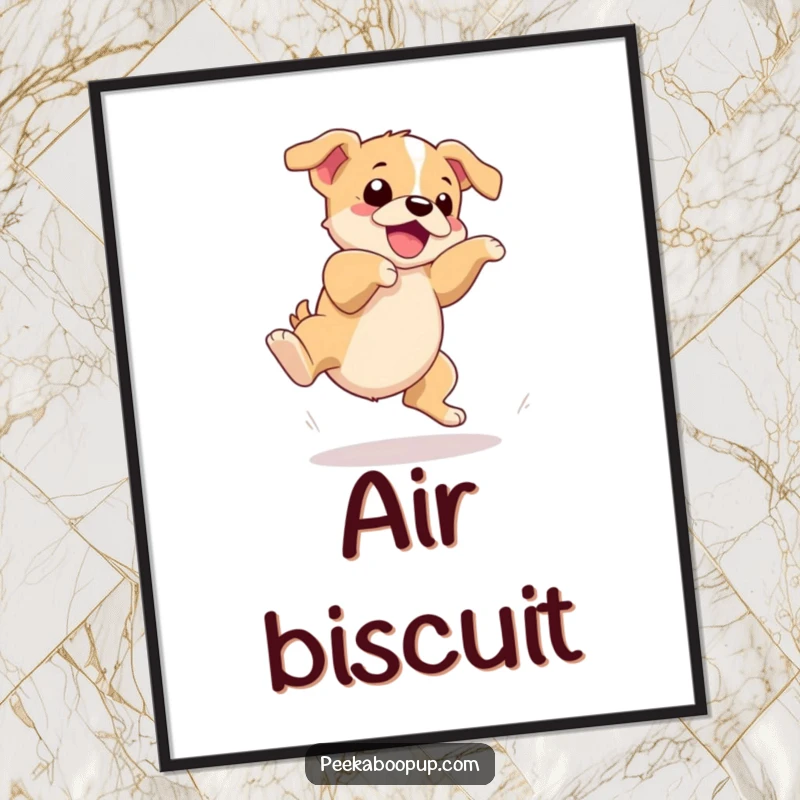Funny digital art print of a puppy hilariously tripping mid-leap, perfect for instant download and adding humorous wall decor.