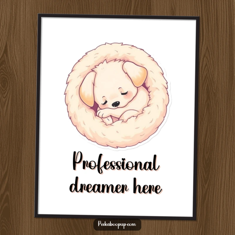 Funny Digital Art Print of a sleeping puppy curled into a perfect, fuzzy ball, offering humorous and cozy canine charm for instant download.
