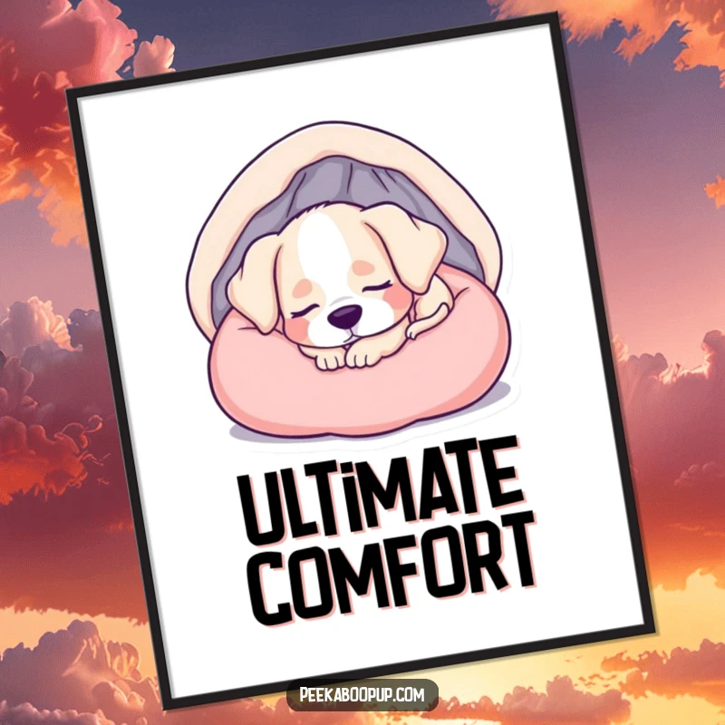 Funny digital art of a sleepy puppy curled up in a soft bed, perfect for instant wall decor.