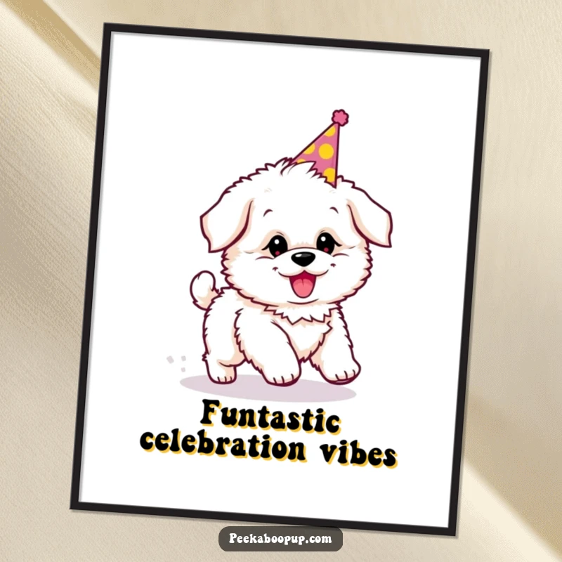 Funny digital art print of a fluffy puppy in a party hat, joyfully and comically chasing its tail.