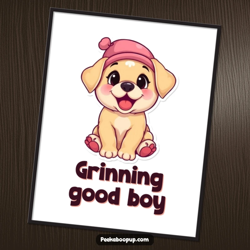 Funny digital art print of an utterly adorable puppy with its head tilted, giggling uncontrollably under a tiny, crooked hat.