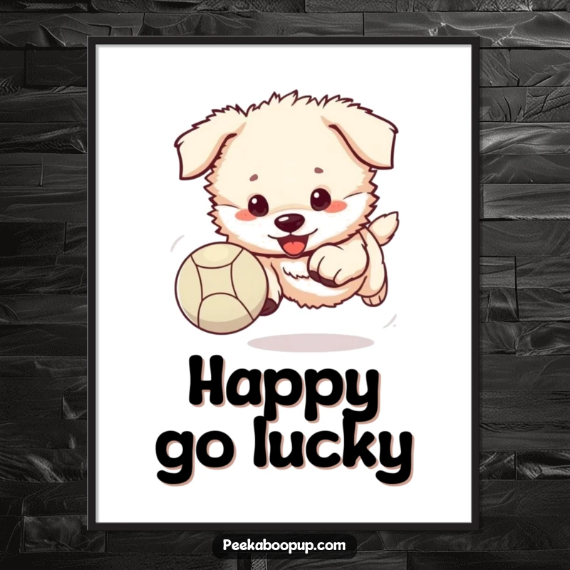 Funny puppy digital art print of a fluffy puppy enthusiastically chasing a bouncing ball.