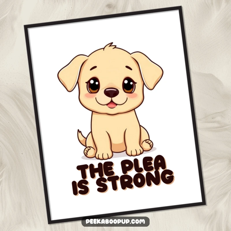 Funny puppy digital art print showing a puppy with wide, pleading eyes in a begging pose, offering instant charm.