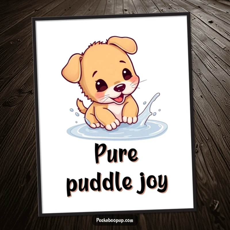 Funny puppy digital art print showing a dog enthusiastically splashing in a puddle, offering instant humor and joy.