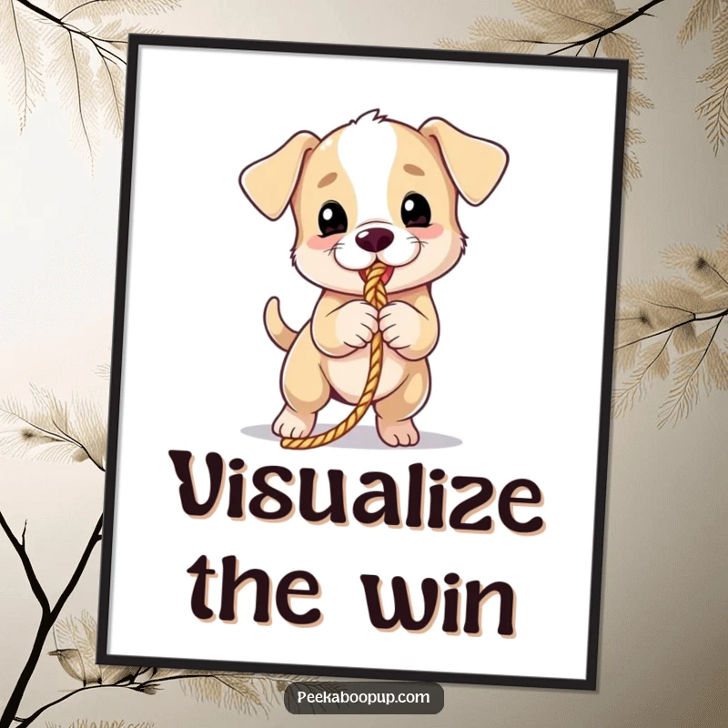 Funny puppy digital art print of a puppy in a tug-of-war, offering instant humor and decor.