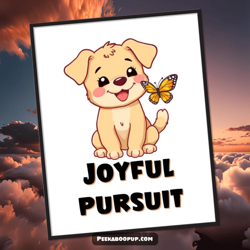 Funny digital art of a happy puppy barking at a butterfly, tail wagging, perfect for instant wall decor.