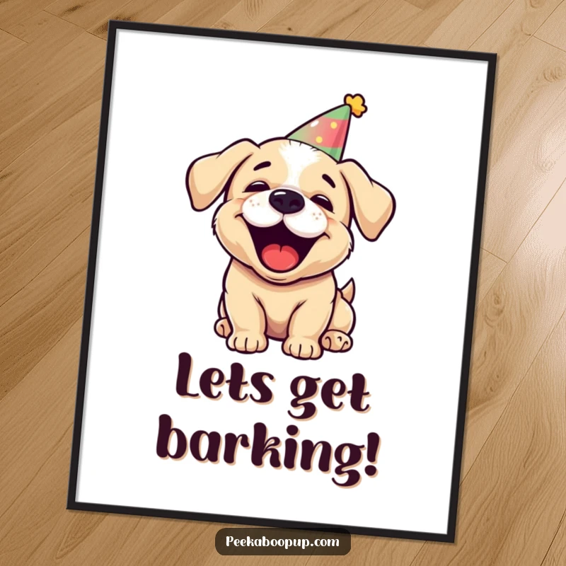 Funny puppy party digital art print, character in party hat barking joyfully, printable wall decor, humorous and cute.