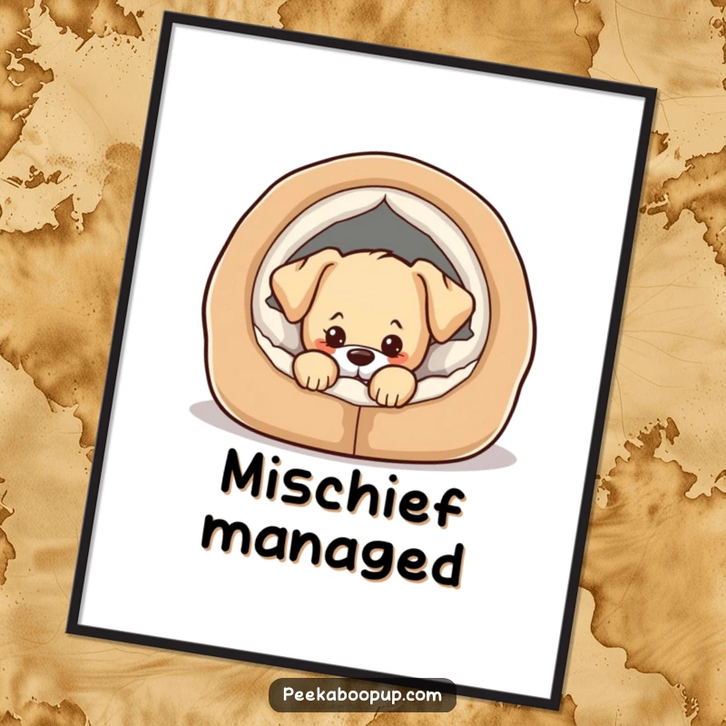 Funny digital art print of a cute puppy peeking from a cozy dog bed with a playful, mischievous expression.