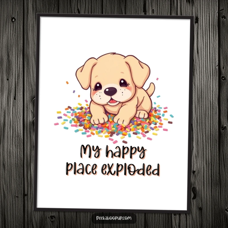 Funny Digital Art Print: A delightful puppy enthusiastically digging through a massive pile of colorful confetti, radiating pure fun.