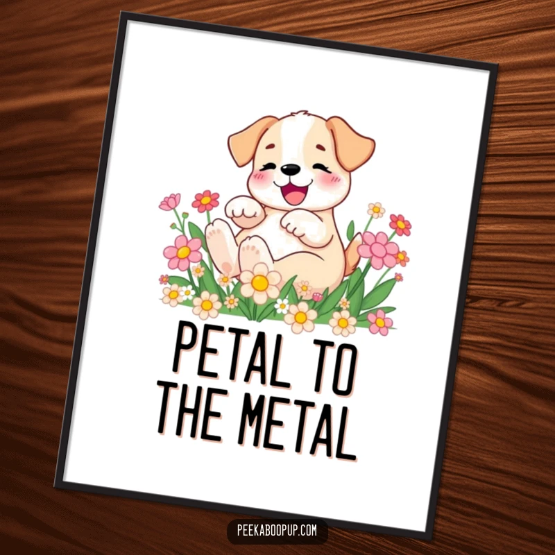 Funny Digital Art Print of a happy puppy rolling in a patch of colorful cartoon flowers, full of joy.