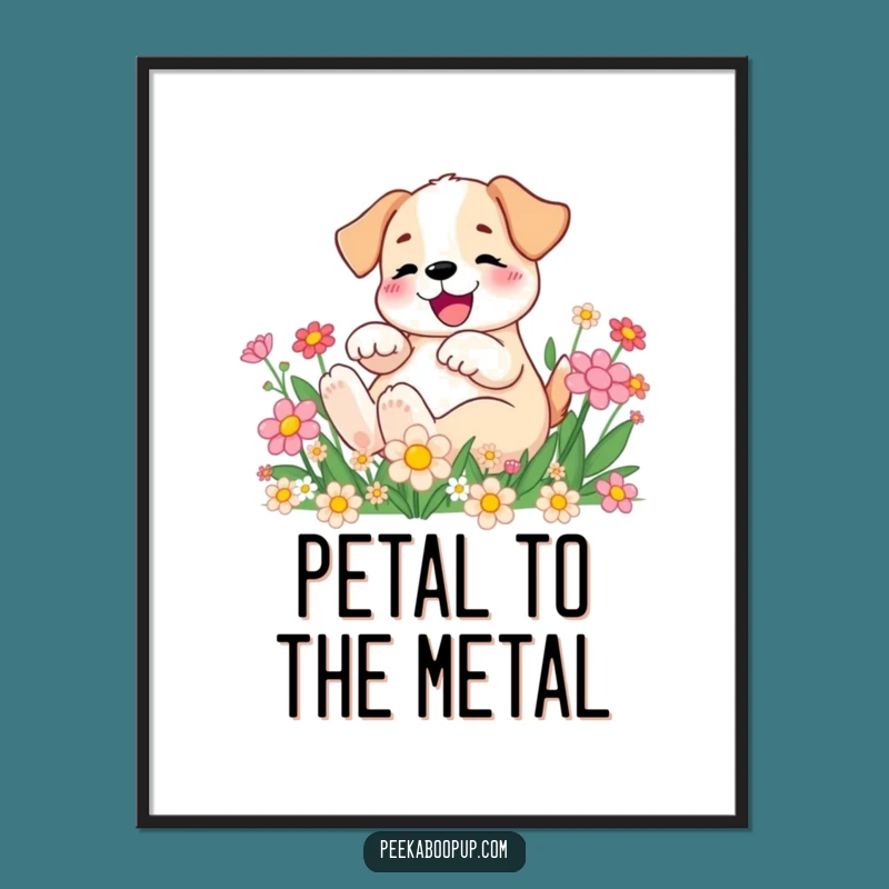 Funny Puppy Rolling in Flowers Digital Art Print: Instant Cheerful Wall Decor