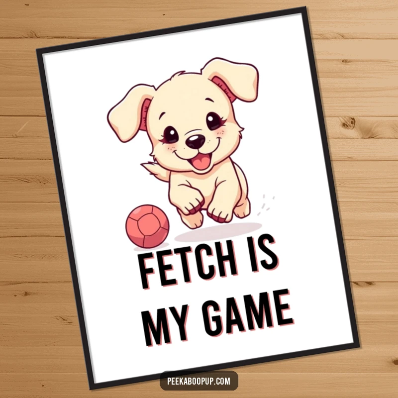 Funny digital art print of a cute puppy with floppy ears joyfully chasing a bouncing ball, ready for instant download and framing.