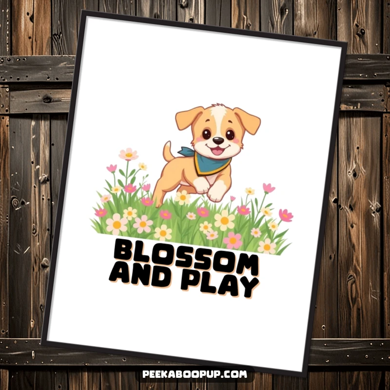 Funny digital art print of a playful puppy wearing a bandana, frolicking in a field of flowers, ready for instant download and framing.