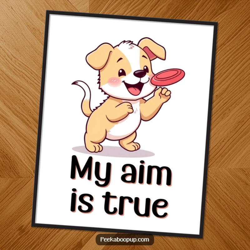 Funny digital art print of a happy puppy with a wagging tail leaping to catch a frisbee, ready for instant download and framing.