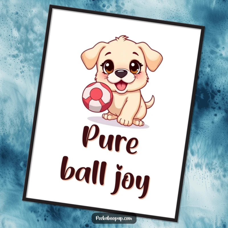 Funny digital art print of a puppy with wide, excited eyes, captured mid-air while attempting to catch a bouncing ball.