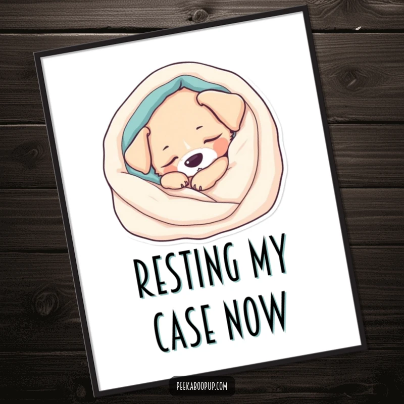 Funny Digital Art: A lovingly illustrated sleepy puppy rests soundly in a soft blanket, creating a peaceful, humorous artwork.