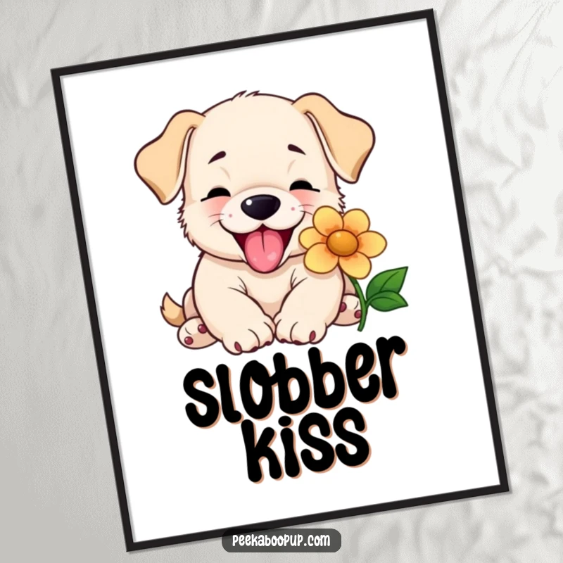 Funny digital art print of a happy puppy joyfully licking a flower, perfect for instant download and adding heartwarming wall decor.
