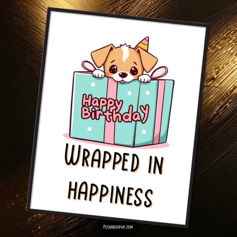 Funny digital art print of a puppy playfully peeking out of a giant birthday gift box, humorous and celebratory.