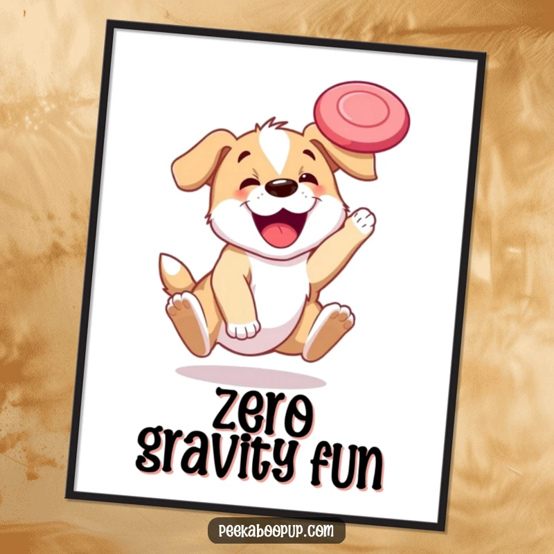Funny digital art print of a happy puppy leaping to catch a frisbee mid-air, capturing a moment of pure fun.