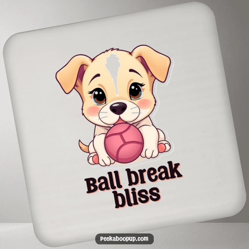 Funny Drink Coaster showcasing a cute puppy about to nudge a ball, protecting furniture with canine charm.