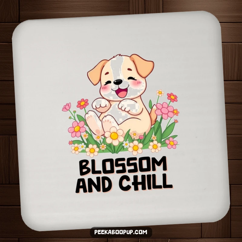 Funny Drink Coaster showing a happy puppy rolling in cartoon flowers, adding floral charm and surface protection.