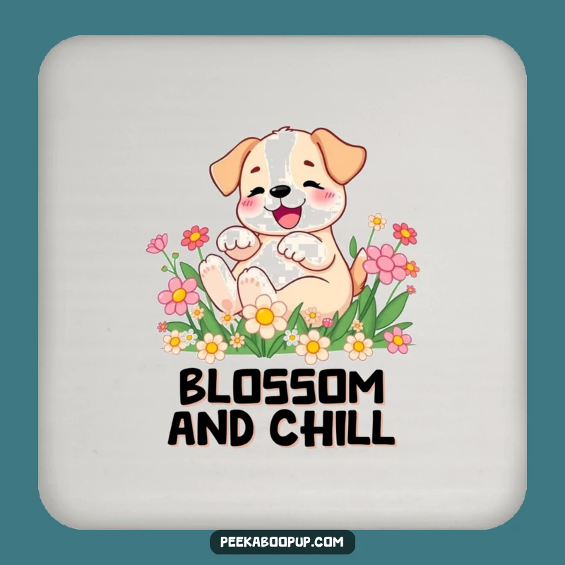 Funny Puppy Rolling in Flowers Drink Coaster: Protect Surfaces with Hilarious Pup Charm