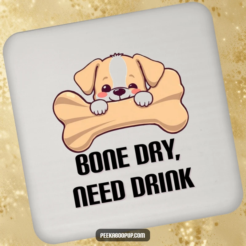 Funny puppy peeking joyfully from behind a giant striped bone on a drink coaster, offering playful charm and protecting surfaces, an ideal funny gift.