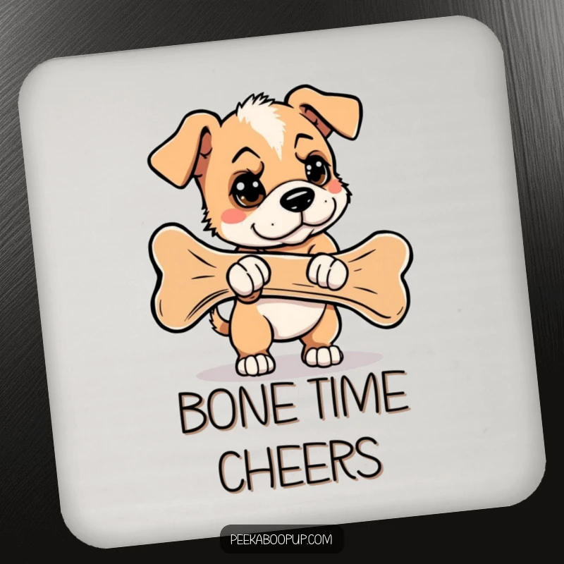 Funny drink coaster depicting a determined puppy with a serious expression, attempting to carry an oversized bone.