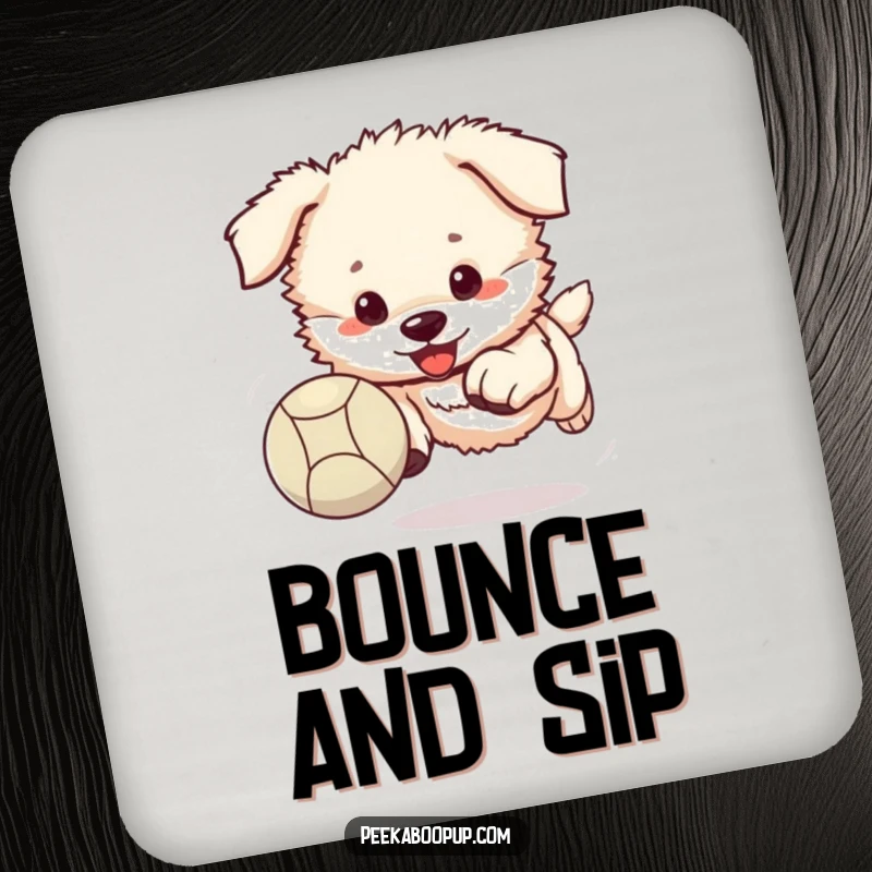 Funny puppy coaster with a fluffy puppy enthusiastically chasing a bouncing ball.