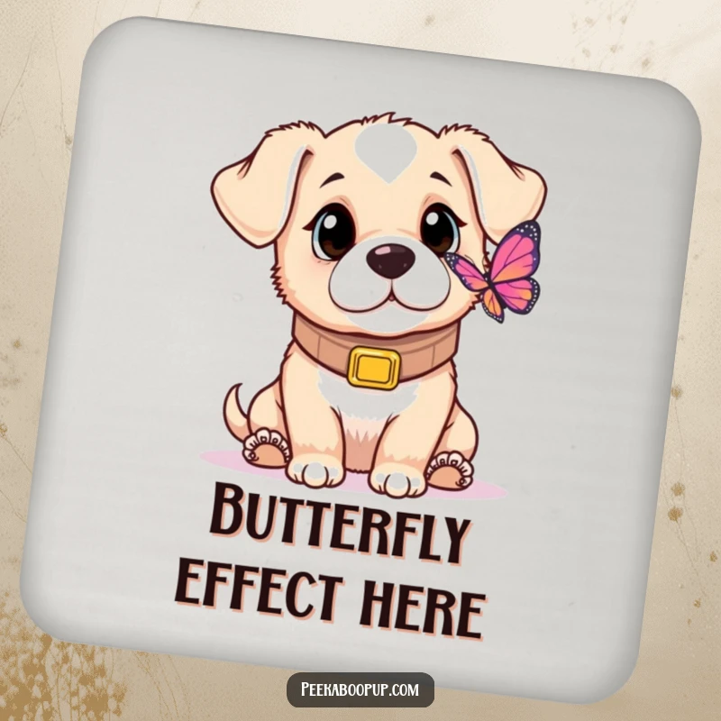 Funny drink coaster set featuring a puppy with an oversized collar, gazing with sweet curiosity at a small butterfly.