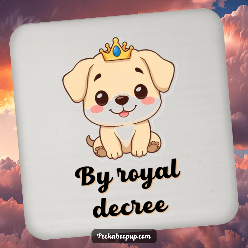Funny Royal Puppy Coaster set depicting a charming puppy with a small crown and a gentle smile, for drink protection.