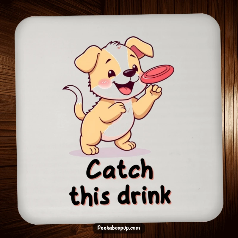 Funny coaster set depicting a happy puppy with a wagging tail attempting to catch a frisbee, adding playful dog art to tables.