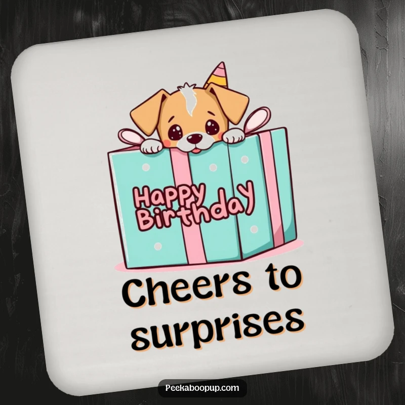 Funny drink coaster featuring a puppy peeking from a birthday gift box, adding playful surprise.